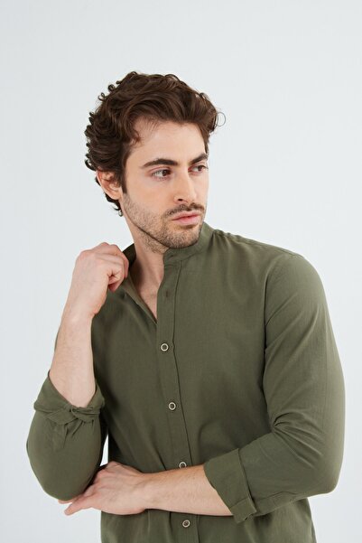 RAVANELLI Dark Khaki Prevailing Collar Modern Slim Fit Linen Look Flam Long Sleeve Men's Shirt