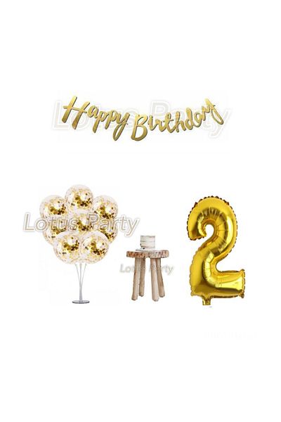 LOTUS PARTY 2 Year Old Gold Minimal Birthday Set Balloon Stand Gold Foil Balloon Gold Flake Balloon Gold Happy Birthday