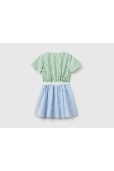 United Colors of Benetton Girl's Mix Front Window Color Block Vichy Poplin Dress Green-tan