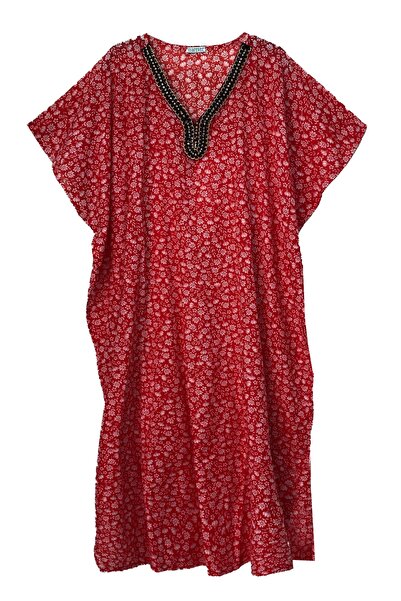 Marever Fashion Işli Yaka Papatya Desen Vual Uzun Plaj Elbise