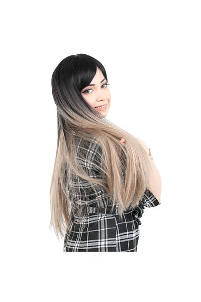 KONAK PERUK Fiber Synthetic Black Yellow Ombreli Long Bangs Wig - Baby