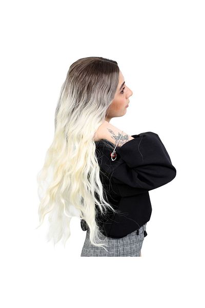 KONAK PERUK Brown / Platinum Ombreli Fiber Synthetic Long Water Wave Wig