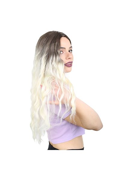 KONAK PERUK Long Fiber Synthetic Wig - Water Wave, Rivetless, Ashy Light Brown / Platinum Ombreli