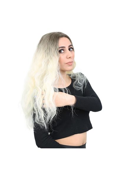 KONAK PERUK Long Fiber Synthetic Wig - Fluffy Wavy, Ashy Light Brown/Platinum Ombreli