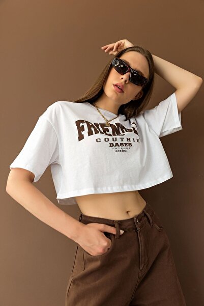 C&C OKULCUNUZ Cc Store Friendly Друкована біла кроп-футболка оверсайз