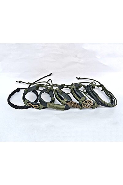 BSN Store Leaf Infinity Tree Antique Bronze Figured Black Leather Green String 6-Piece Genuine Leather Bracelet