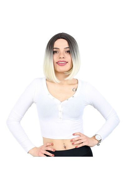 KONAK PERUK Short Fiber Synthetic Wig - Ashy Black and Platinum Ombrel, No Bangs