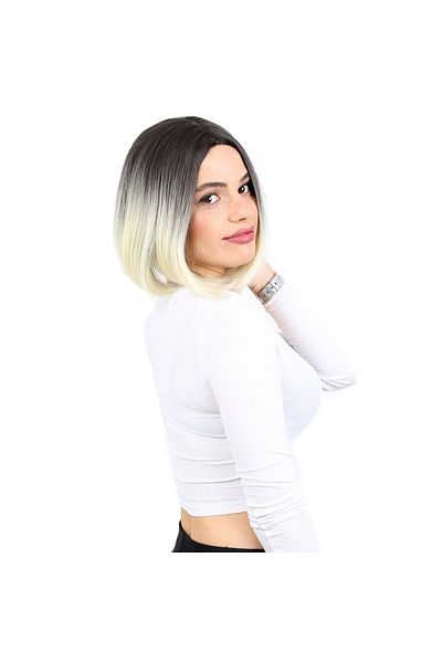 KONAK PERUK Short Fiber Synthetic Wig - Ashy Black and Platinum Ombrel, No Bangs
