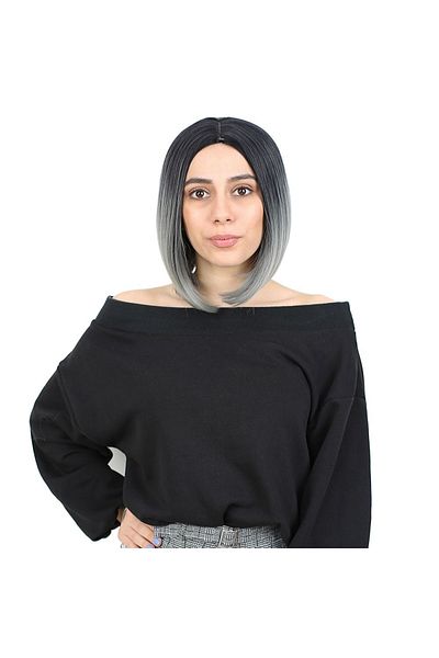 KONAK PERUK Black / Grey Ombreli Short Fiber Synthetic Wig Without Bangs