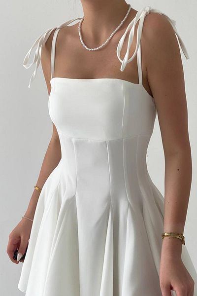 lovebox Atlas Fabric Strap Dart Λεπτομερές Λευκό βραδινό φόρεμα Princess Cut Λευκό φόρεμα αποφοίτησης 164