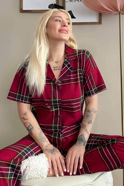 Pijamaevi Pijamale cu mânecă scurtă, cu nasturi, cu imprimeu în carouri, verd...