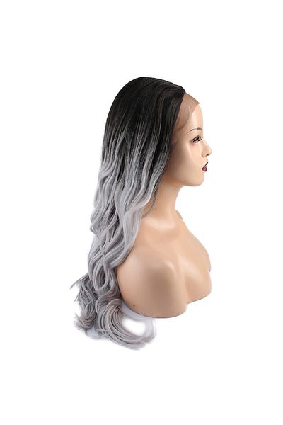 KONAK PERUK Fiber Synthetic Black/Grey Tulle Wig - Water Wave Ombreli