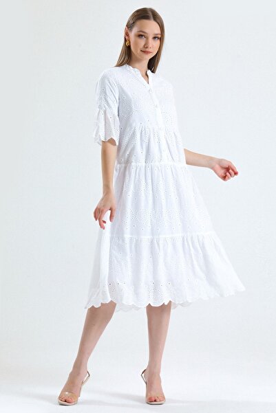 MD trend Women's Ecru Collar Buttoned Lined Short Flounce Sleeve Wide Cut Embroidery Dress