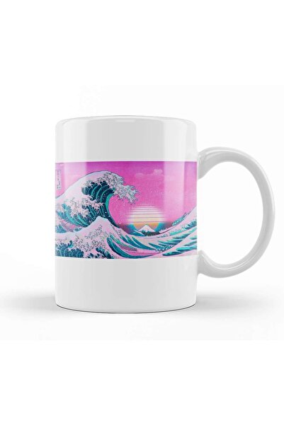 Baskı Dükkanı Vaporwave Great Wave Off Kanagawa Aesthetic Sunset Mug Cup Porc...