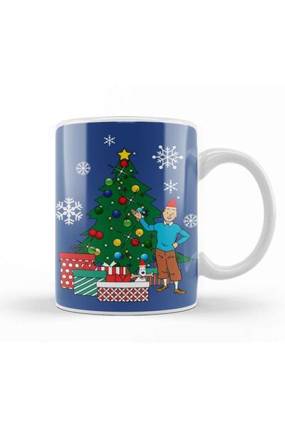 Baskı Dükkanı Tintin And Snowy Around The Christmas Tree Mug Cup Porcelain