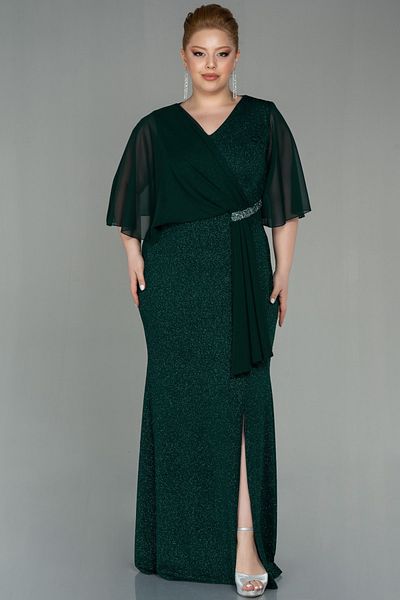 Abiyefon Emerald Green Chiffon Short Sleeve Long Glitter Plus Size Evening Dress Abu2979