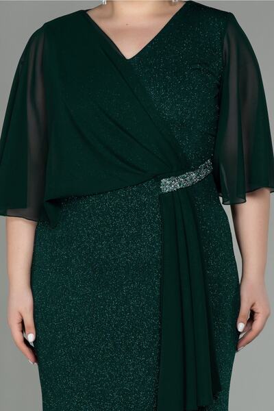Abiyefon Emerald Green Chiffon Short Sleeve Long Glitter Plus Size Evening Dress Abu2979