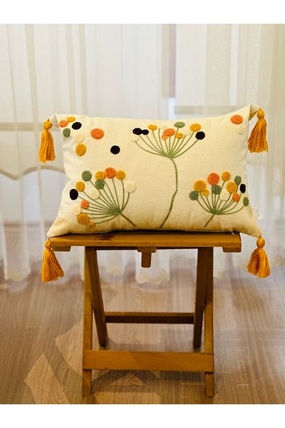 BUGİ HOME COLLECTİON Rectangular Punch Embroidered Premium Embroidered Branch Flower Themed Decorative Throw Pillow Cover