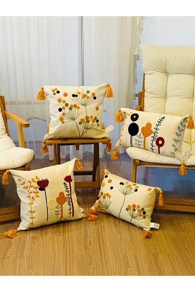 BUGİ HOME COLLECTİON 4-Piece Punch Embroidered Premium Embroidered Branch Flower Themed Decorative Throw Pillow Cover