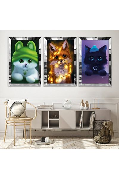 Zevahir Mobilya Dekorasyon Σετ τριπλό τραπέζι MDF Cute Cats με ασημί καθρέφτη από πλεξιγκλάς