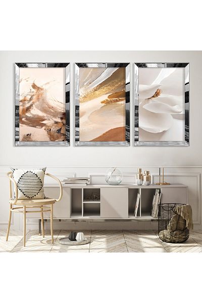 Zevahir Mobilya Dekorasyon Set de pictură triplă MDF cu cadru din plexiglas cu oglindă argintie