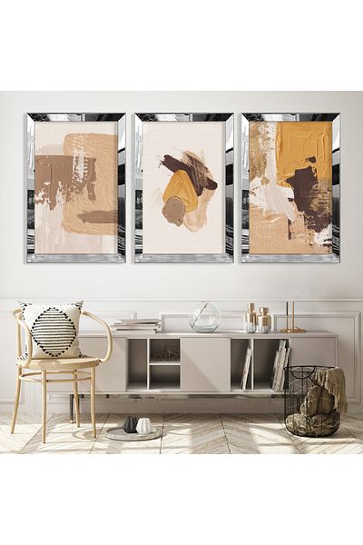 Zevahir Mobilya Dekorasyon Set de picturi din MDF triplu cu model abstract triplu cu cadru din plexiglas cu oglindă argintie