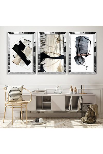 Zevahir Mobilya Dekorasyon Set de pictură din MDF triplu cu cadru din plexiglas cu oglindă argintie