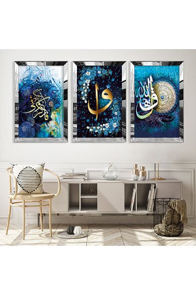 Zevahir Mobilya Dekorasyon Set de picturi din MDF triplu religios Elif Vav cu cadru din plexiglas cu oglindă argintie