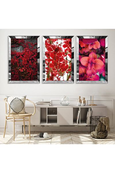 Zevahir Mobilya Dekorasyon Set de masă din MDF triplu cu flori colorate cu cadru din plexiglas cu oglindă argintie