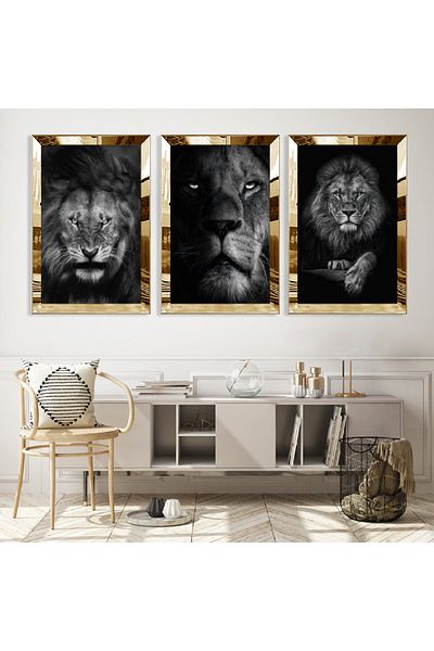Zevahir Mobilya Dekorasyon Σετ τριπλό τραπέζι MDF King of the Jungle Lion με χρυσό καθρέφτη από πλεξιγκλάς