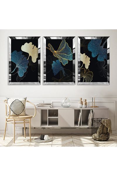 Zevahir Mobilya Dekorasyon Set de pictură din MDF triplu cu model abstract cu flori triplu cu cadru din plexiglas cu oglindă argintie