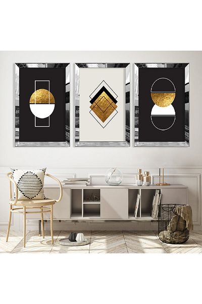Zevahir Mobilya Dekorasyon Set de pictură triplu MDF cu forme triplu abstracte cu cadru din plexiglas cu oglindă argintie