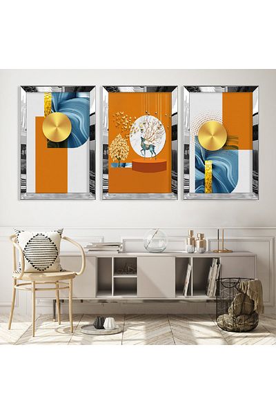 Zevahir Mobilya Dekorasyon Set de picturi din MDF triplu cu model abstract triplu minimalist cu cadru din plexiglas cu oglindă argintie