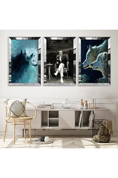 Zevahir Mobilya Dekorasyon Set de masă Bozkurt din MDF triplu cu cadru din plexiglas cu oglindă argintie
