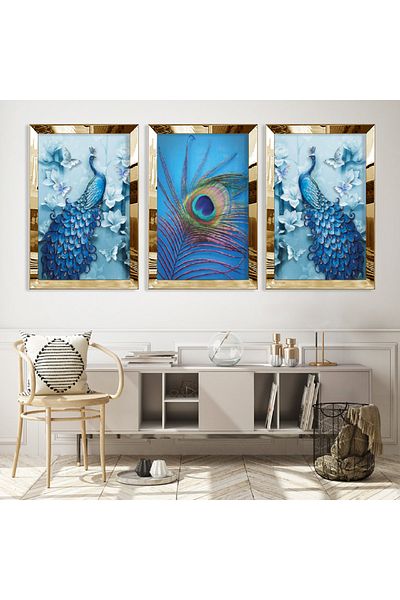 Zevahir Mobilya Dekorasyon Σετ τριπλό τραπέζι MDF Blue Peacock με χρυσό καθρέφτη από πλεξιγκλάς