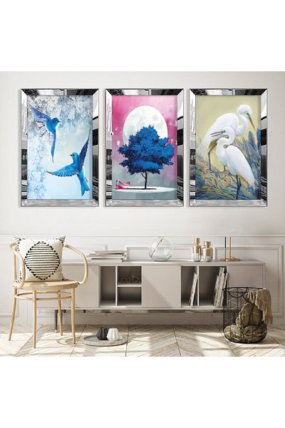 Zevahir Mobilya Dekorasyon Set de pictură din MDF triplu Love Birds cu cadru din plexiglas cu oglindă argintie