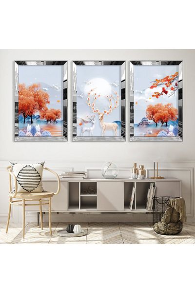Zevahir Mobilya Dekorasyon Set de pictură din MDF triplu cu model abstract triplu de cerb cu cadru din plexiglas cu oglindă argintie
