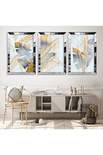 Zevahir Mobilya Dekorasyon Gümüş Aynalı Pleksi Çerçeveli Üçlü Soyut Desen Üçl...