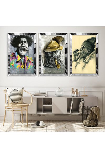 Zevahir Mobilya Dekorasyon Set de pictură din MDF triplu pentru bătrân cu cadru din plexiglas cu oglindă argintie