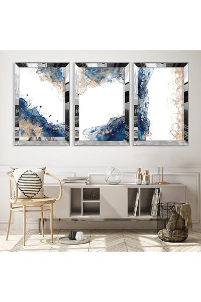 Zevahir Mobilya Dekorasyon Set de pictură din MDF triplu colaj albastru alb cu cadru din plexiglas cu oglindă argintie