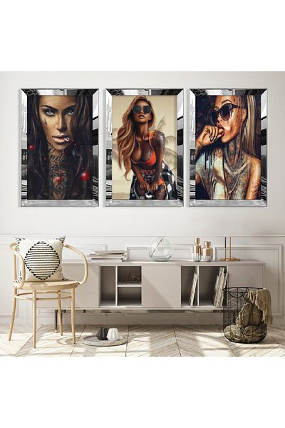 Zevahir Mobilya Dekorasyon Colaj de desen cu cadru din plexiglas cu oglindă argintie, femeie curajoasă, set de pictură din MDF triplu