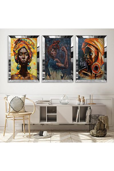 Zevahir Mobilya Dekorasyon Colaj de desen cu rame din plexiglas cu oglindă argintie Femei africane Set de pictură MDF triplu argintiu