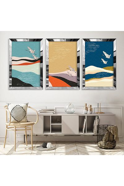 Zevahir Mobilya Dekorasyon Set de picturi din MDF triplu cu model abstract triplu minimalist cu cadru din plexiglas cu oglindă argintie