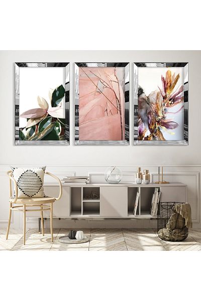 Zevahir Mobilya Dekorasyon Set de pictură din MDF triplu cu cadru din plexiglas cu oglindă argintie