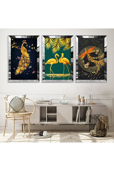 Zevahir Mobilya Dekorasyon Set de masă din MDF triplu Love Swans cu cadru din plexiglas cu oglindă argintie