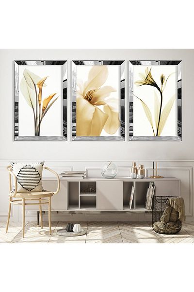 Zevahir Mobilya Dekorasyon Set de masă din MDF triplu cu flori albe cu cadru din plexiglas cu oglindă argintie