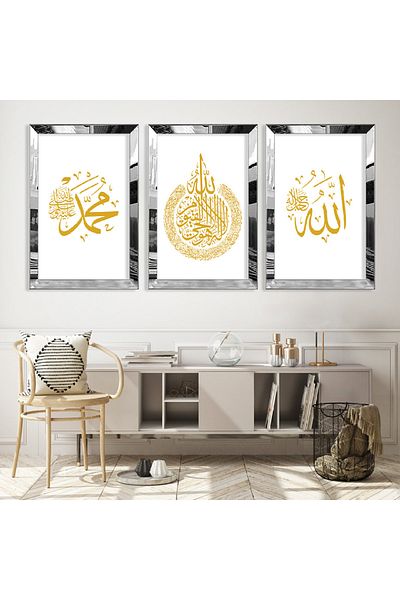 Zevahir Mobilya Dekorasyon Set de pictură din MDF triplu cu cadru din plexiglas cu oglindă argintie Alllah Hz Muhammad Word Religious Fill