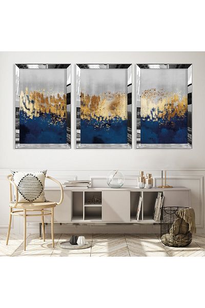 Zevahir Mobilya Dekorasyon Set de picturi din MDF triplu cu model abstract triplu cu cadru din plexiglas cu oglindă argintie