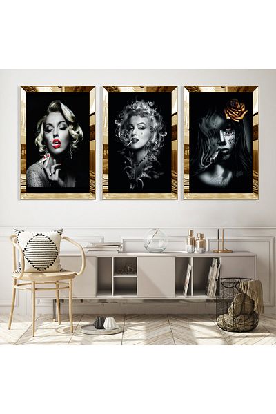 Zevahir Mobilya Dekorasyon Σετ τριπλό τραπέζι MDF Marilyn Monroe με χρυσό καθρέφτη από πλεξιγκλάς