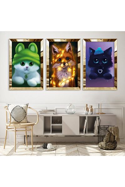 Zevahir Mobilya Dekorasyon Σετ τριπλό τραπέζι MDF Cute Cats με χρυσό καθρέφτη από πλεξιγκλάς